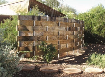 douglass residence Front entry walk with woven steel site wall